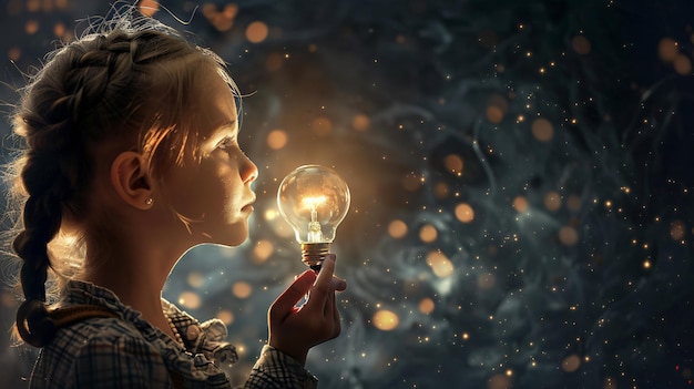 a girl holds a light bulb with the words light on it