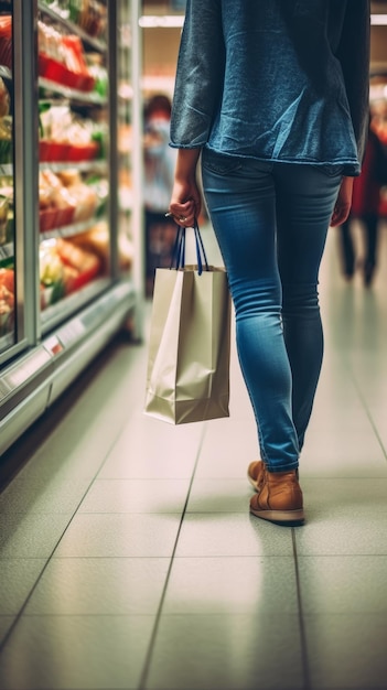 A girl holds paper bags in her hands in a store Blurred background Generative AI