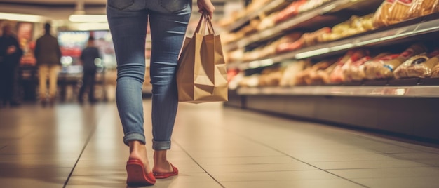 A girl holds paper bags in her hands in a store Blurred background Generative AI