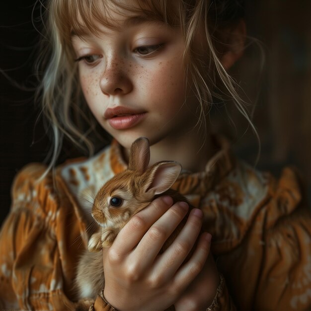 a girl holds a rabbit that is wearing a dress