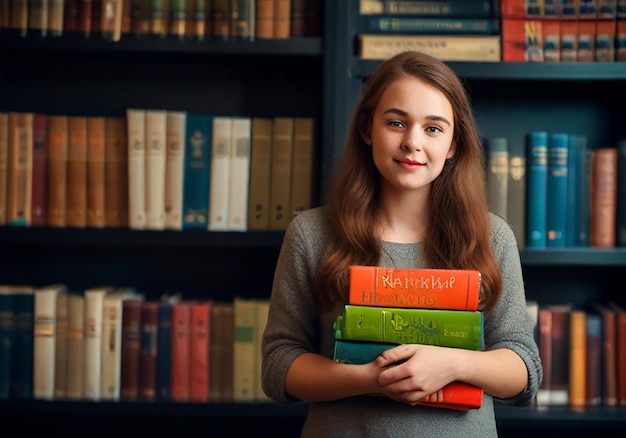 a girl holds a stack of books with the book quot no way quot on the top