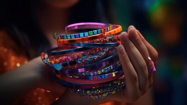 A girl holds a stack of colorful bracelets.