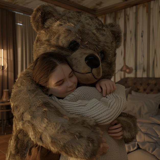 A girl hug a big teady bear in room