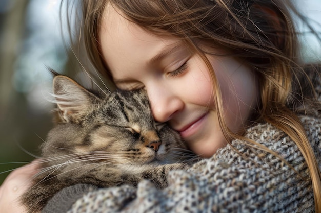 Photo girl hugging a cat pet love concept