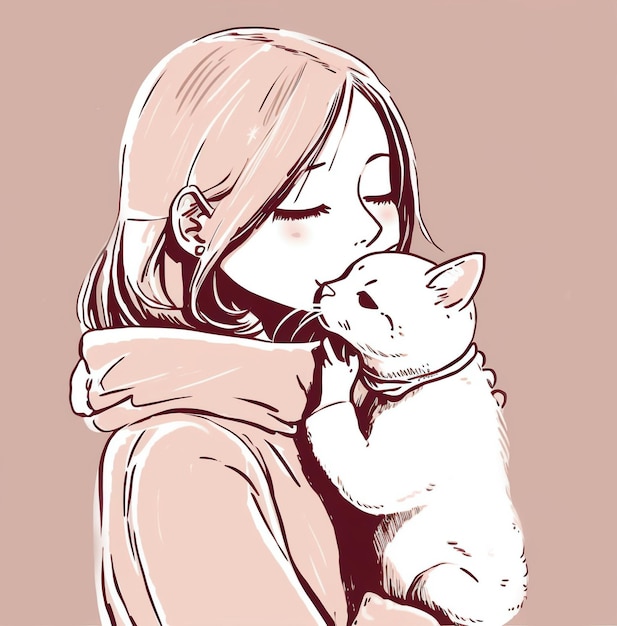 A girl hugging a cat in the style of kawaii