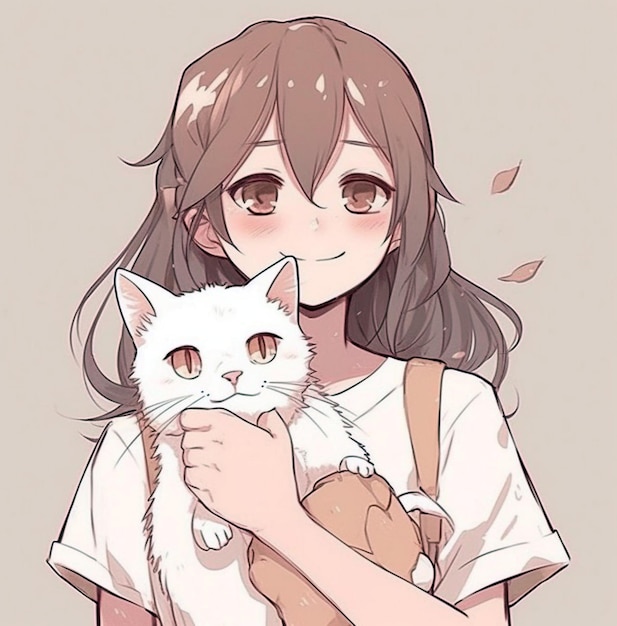 A girl hugging a cat in the style of kawaii