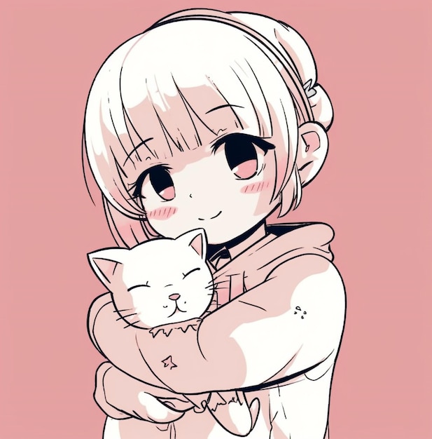 A girl hugging a cat in the style of kawaii