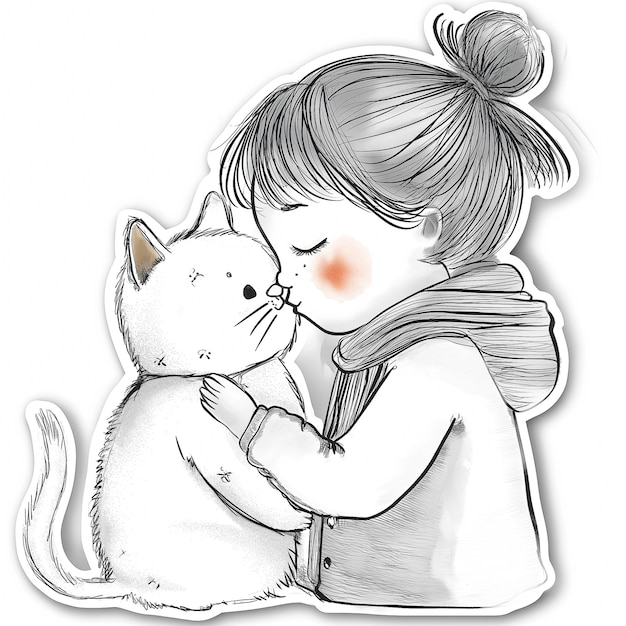 Girl hugging a cat with her eyes closed Coloring page for kids