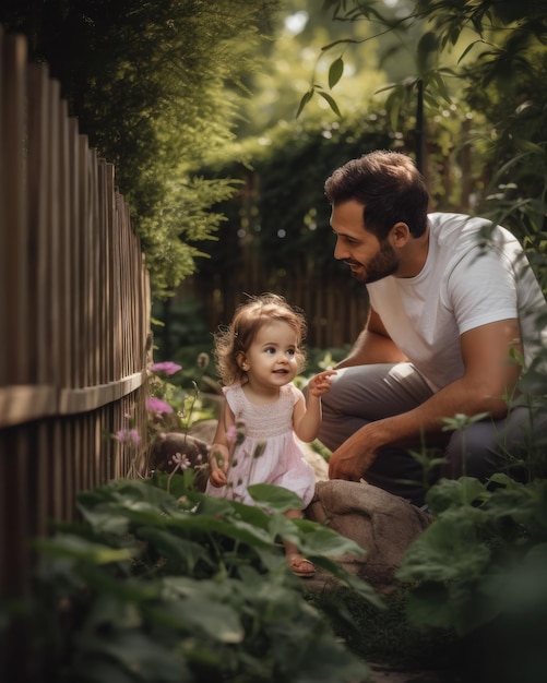 Girl hugging her father over a white wall