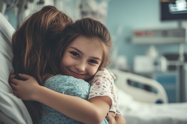 Photo a girl hugging her mother in a hospital with the word  on the back