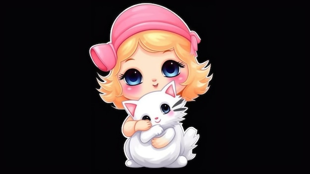 A girl hugging a white cat with a pink hat and a pink hat.