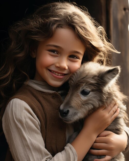 A girl hugs an adorable little goat promoting love and care for animals among young children