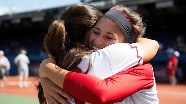 A girl hugs another girl, who is hugging her, is hugging her, and the other girl is wearing a red and white shirt.