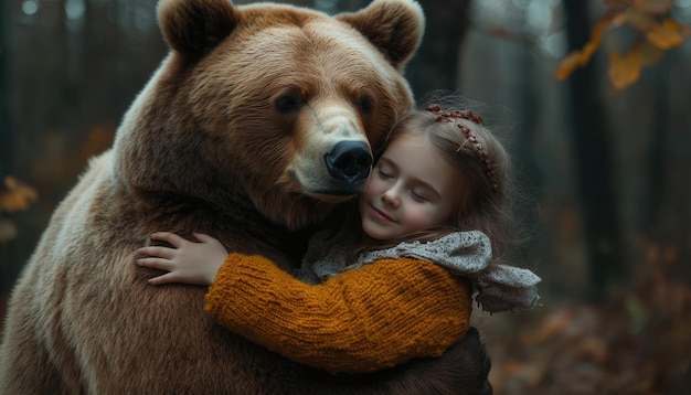 Photo a girl hugs a brown bear in a forest during autumn capturing a moment of friendship