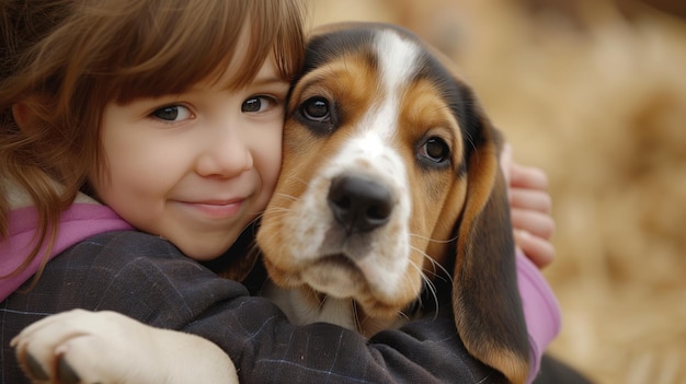 A girl hugs her dog Dog of the basset hound breed Copy space