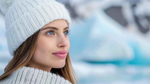 Girl in Icelandic cap gazes at blue icebergs at Lake Jkulsrln