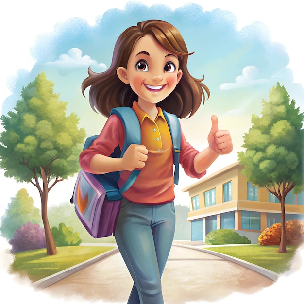 A girl illustration with a backpack that says thumbs up