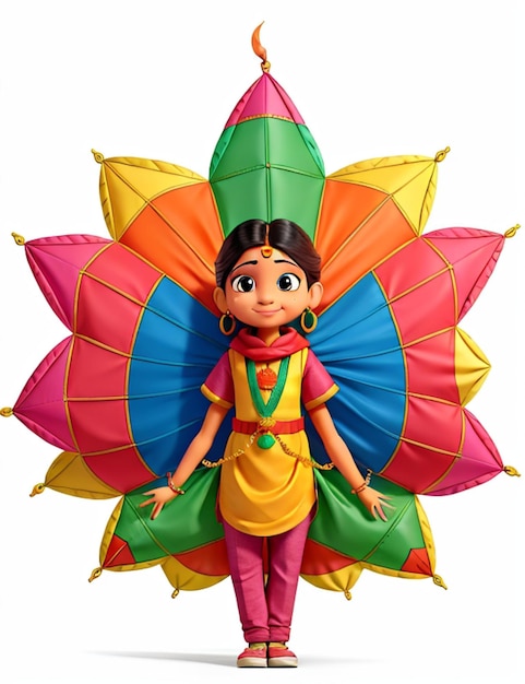 A girl in Indian attire holds a vibrant kite