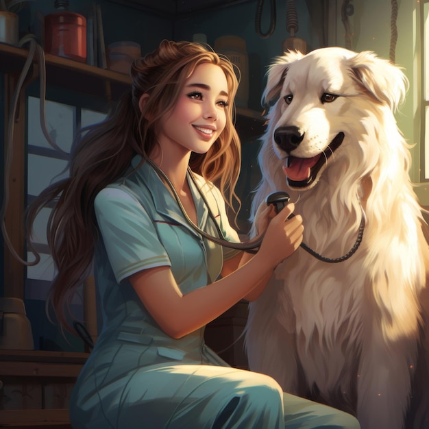 A girl is attentively petting a white dog with a stethoscope showing care and concern for the pets