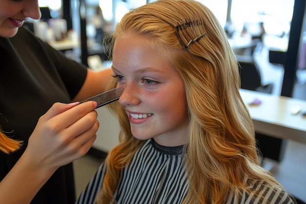 Photo a girl is brushing her hair with a brush