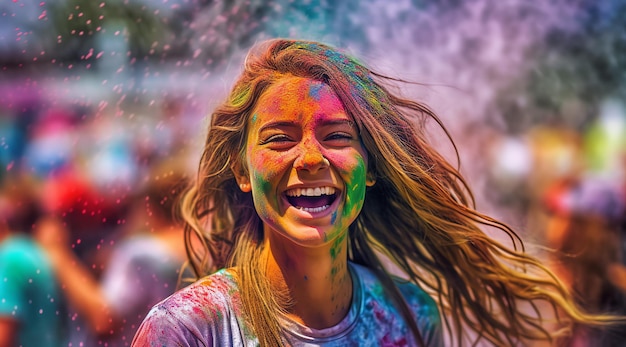 A girl is covered in holi colours