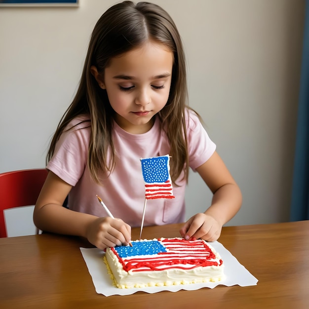 a girl is cutting a cake with the american flag on it