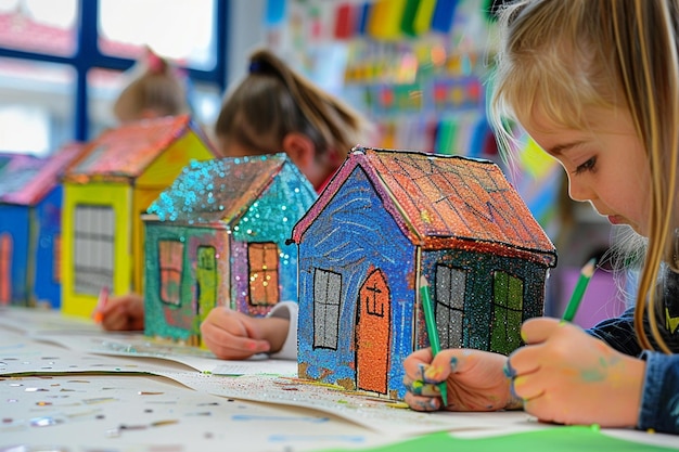 Photo a girl is drawing a house with a paint brush