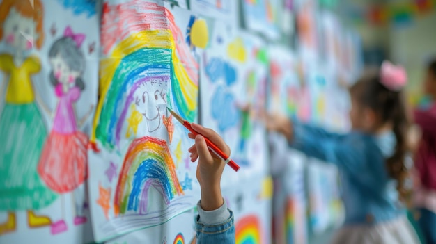 Photo a girl is drawing a rainbow on a wall at school