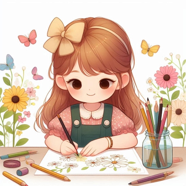 a girl is drawing with a pencil and a picture of a girl drawing with butterflies