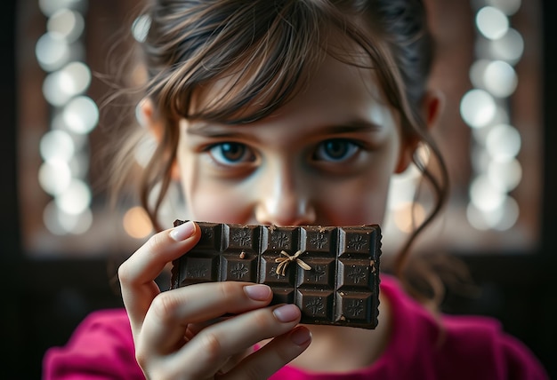 Photo a girl is eating a chocolate bar with the time on it