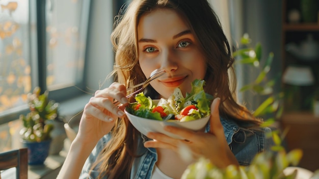 Photo a girl is eating a salad with a spoon