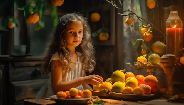 A girl is enjoying fruit in a dark room