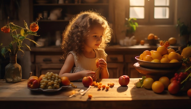 A girl is enjoying fruit in a dark room