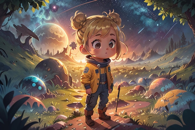 Girl is extremely lonely and hopeless in the desolate planet cartoon wallpaper background