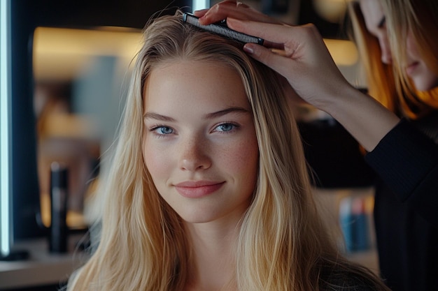 a girl is getting her hair done by a hair dryer