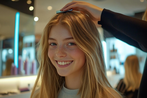 a girl is getting her hair done by a hairdresser