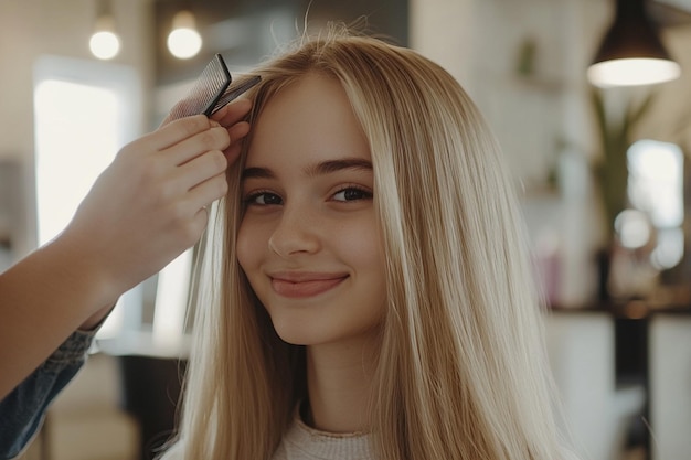 a girl is getting her hair done by a hairdresser