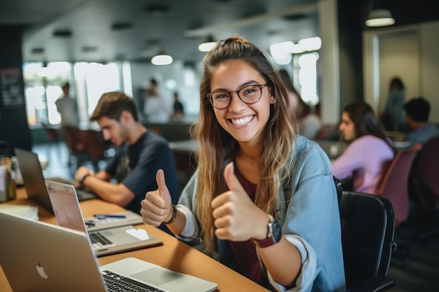 a girl is giving a thumbs up while sitting in front of a laptop with a man giving a thumbs up