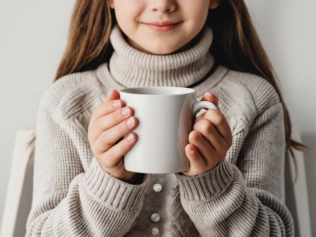 Photo a girl is holding blank white coffee mug in hands