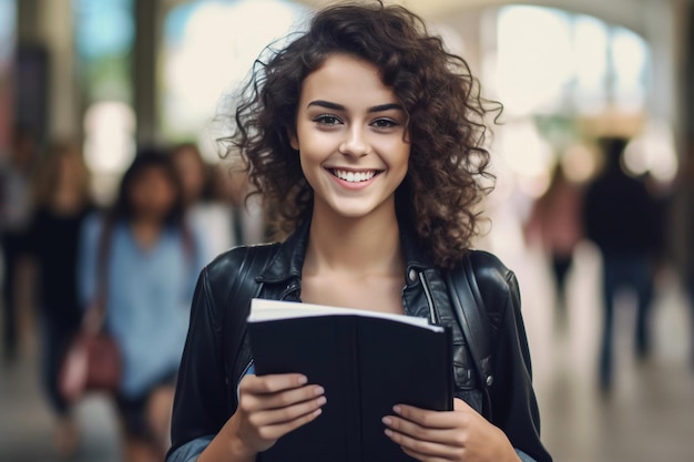 A girl is holding a book in her hands and smiling.