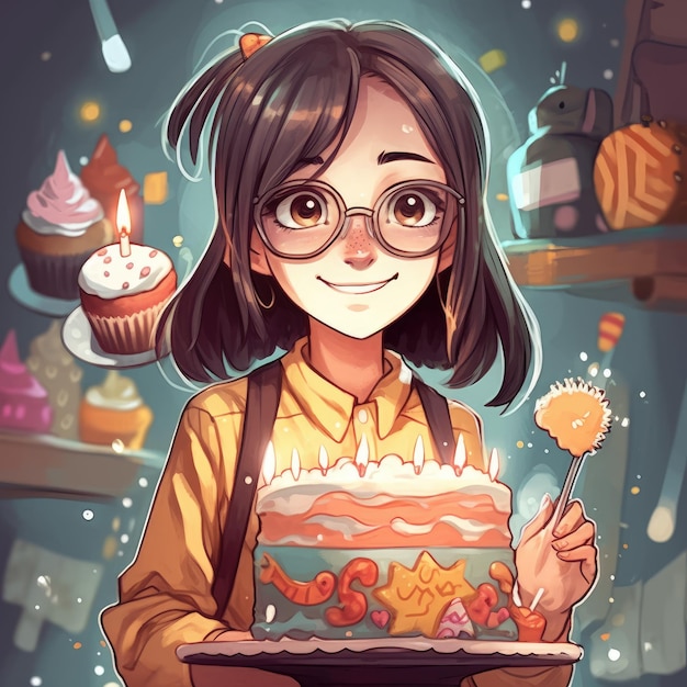 A girl is holding a cake while celebrating a birthday cartoon illustration with generative ai