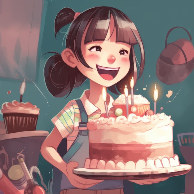 A girl is holding a cake while celebrating a birthday cartoon illustration with generative ai