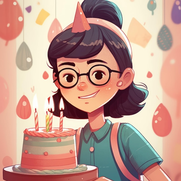 A girl is holding a cake while celebrating a birthday cartoon illustration with generative ai