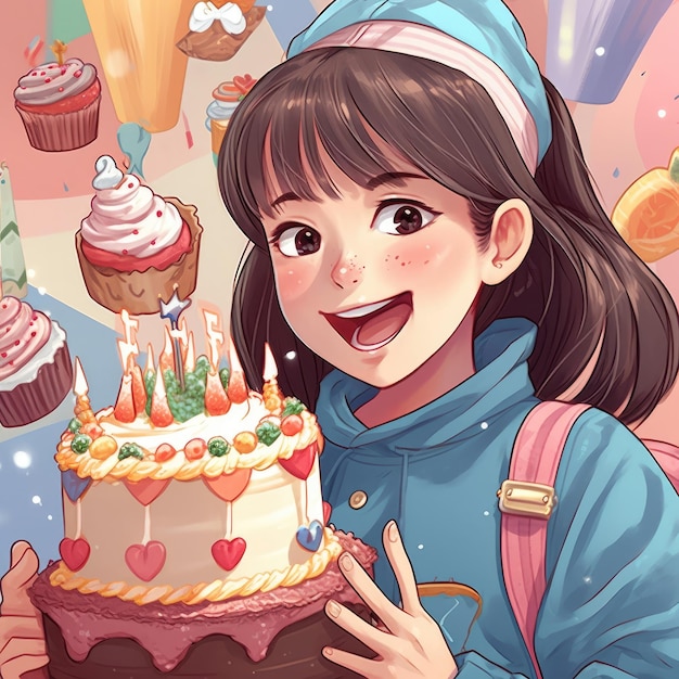 A girl is holding a cake while celebrating a birthday cartoon illustration with generative ai