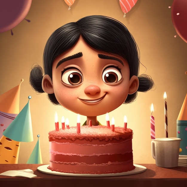 A girl is holding a cake while celebrating a birthday cartoon illustration with generative ai