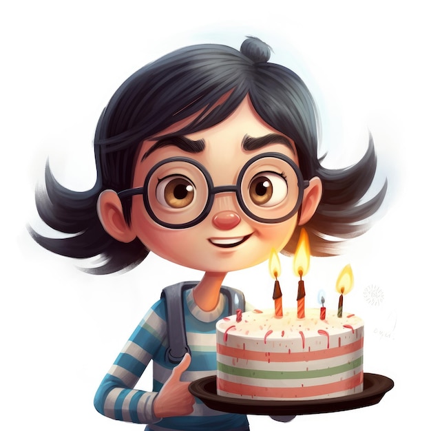 A girl is holding a cake while celebrating a birthday cartoon illustration with generative ai