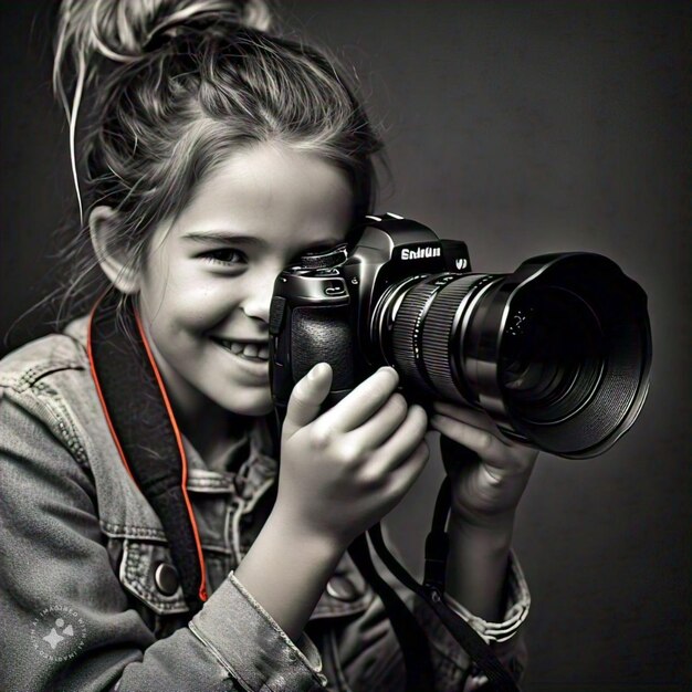 a girl is holding a camera with the word canon on it