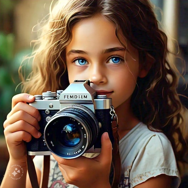 a girl is holding a camera with the word quot f quot on it