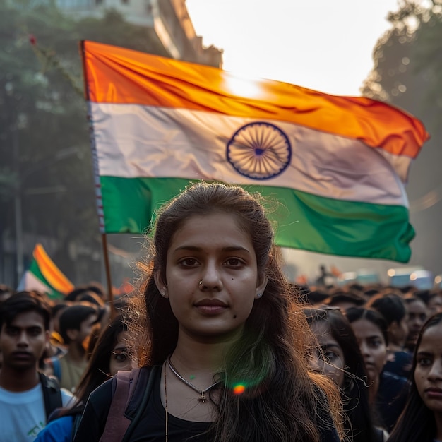 a girl is holding a flag with the sun shining on it