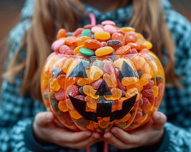 Photo a girl is holding a glass pumpkin filled with candy